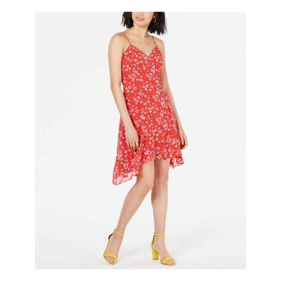 19 COOPER Womens Red Floral Spaghetti Strap V Neck Knee Length Dress Size: S - Picture 1 of 4